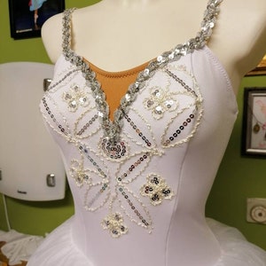 Professional ballet costume, romantic tutu, custom made tutu white silver, ocean and pearls