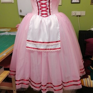 May include: A pink tulle ballet tutu with a white satin bodice and red ribbon accents. The bodice has a criss-cross lacing detail and the skirt has a white satin apron with red ribbon trim.