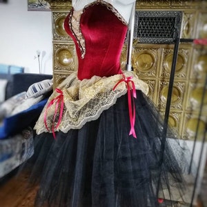 May include: A red velvet bodice with gold trim and a black tulle skirt with a gold lace overlay and pink ribbons. The skirt is layered and has a full, flowing shape.