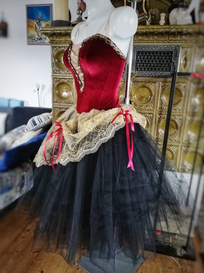 May include: A red velvet bodice with gold trim and a black tulle skirt with a gold lace overlay and pink ribbons. The skirt is layered and has a full, flowing shape.