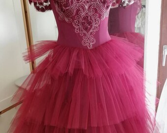 Professional handmade ballet costume made of high-quality Lycra jersey and Italian tulle Custom made Tutu bordeaux