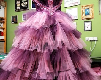 Robe de bal professionnelle faite à la main, costume de ballet en velours de haute qualité et tulle italien Tutu rosé-aubergine sur mesure