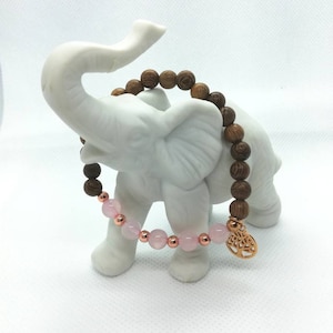 Yoga bracelet with real rose quartz, wooden beads, gilded metal beads and yoga element, yoga bracelet, esotericism, healing stones