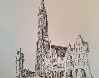 Beautiful hand-drawn city view of Landshut. Ink on Fabriano paper. If desired, colored with Schmincke watercolor.