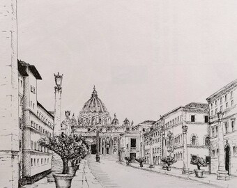 Your holiday memory as a hand-drawn original in ink! Here view of San Pietro in Rome