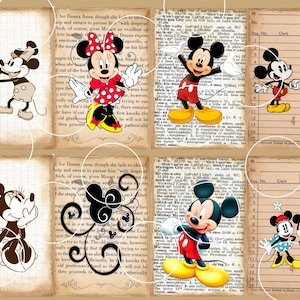 May include: A collage of vintage-style images featuring Mickey Mouse and Minnie Mouse in various poses. The images are set against a background of old, worn paper with text and a grid pattern. The images include Mickey Mouse as a sailor, Mickey Mouse and Minnie Mouse holding hands, and Mickey Mouse and Minnie Mouse in a romantic pose.