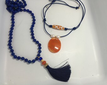 Sari Silk Tassel Bow Closure Gameday Girls Love These Agate stones Long Tassel necklace Orange Silk Tassel Necklace Moonshine and Pearls