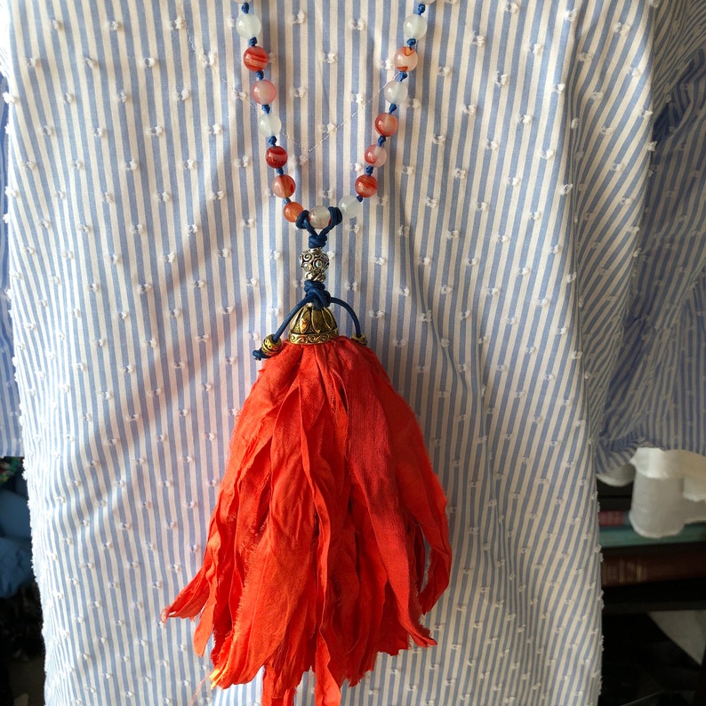 Sari Silk Tassel Bow Closure Gameday Girls Love These Agate stones Long Tassel necklace Orange Silk Tassel Necklace Moonshine and Pearls