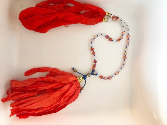 Sari Silk Tassel Bow Closure Gameday Girls Love These Agate stones Long Tassel necklace Orange Silk Tassel Necklace Moonshine and Pearls