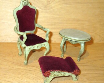 Sonia Messer French Provincial Dollhouse Red Velvet Arm Chair, Gout Foot Stool, and Side Table