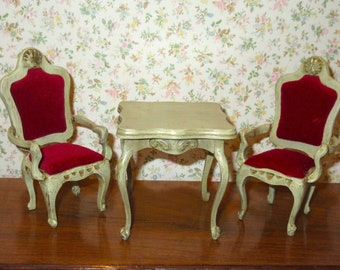 Sonia Messer French Provincial Dollhouse Dinette Table and 2 Red Velvet Arm Chairs