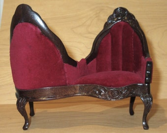 Sonia Messer Victorian Dollhouse Red Velvet Tete-a-Tete Sofa Chair