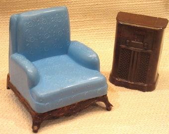 Renwal Blue & Brown Club Chair and Floor Radio Dollhouse Furniture