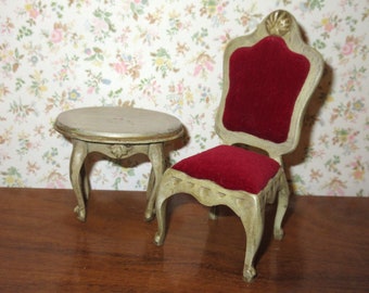 Sonia Messer French Provincial Dollhouse Red Velvet Chair and Side Table