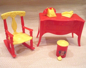 Renwal Red & Yellow Dollhouse Furniture - Rocking Chair, Cabinet, Phone, Garbage, Dustpan
