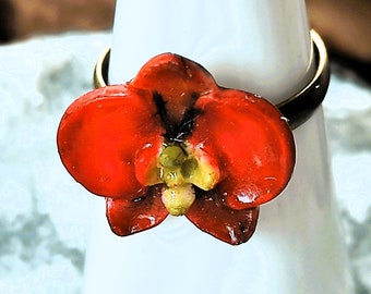 Exotic adjustable ring with red Phalaenopsis orchid flower, warm summer tones gift for Mother's Day