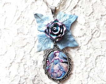 Marie Antoine long necklace necklace in blue and pink and the secrets of Versailles, Valentine's Day gift, rose and vintage vine leaves