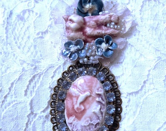 Mother's Day necklace birds and Mother Nature, hummingbird in flight and titmouse incubating its eggs in a rose covered with dew pearls