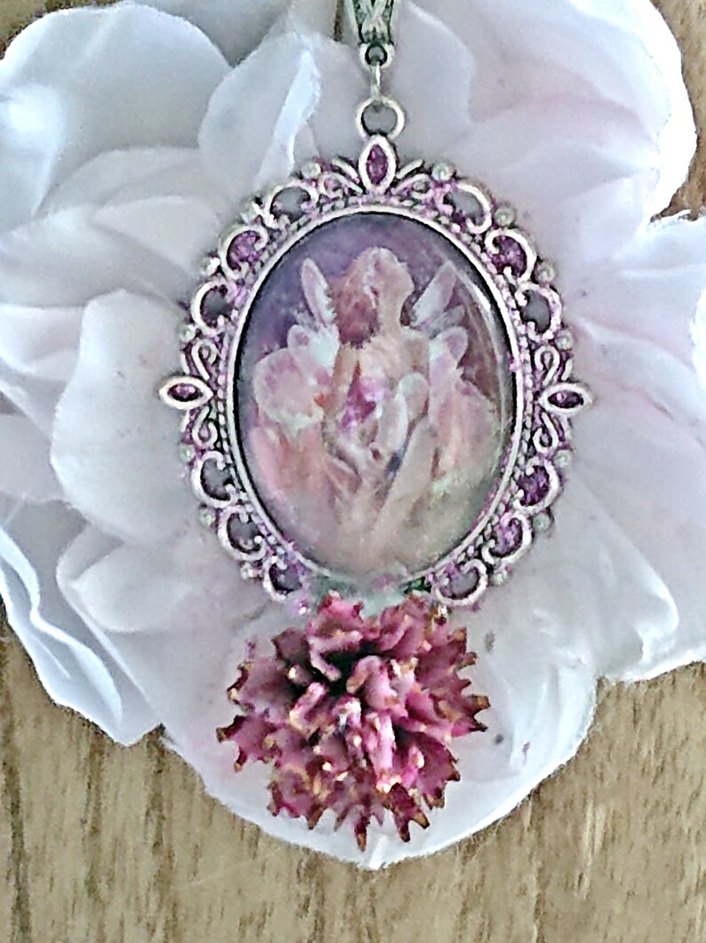 Collier fée Mélissa, fée en camaïeu de rose sous verre, cabochon peint, rose en tissu image 7