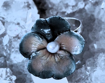 Wild pansy flower ring hemmed with blue in cold porcelain, secret garden flowers, Mother's Day gift