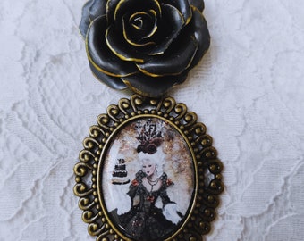 Marie Antoinette necklace secret birthday party at the Petit Trianon, the queen in a black dress with her black cold porcelain rose
