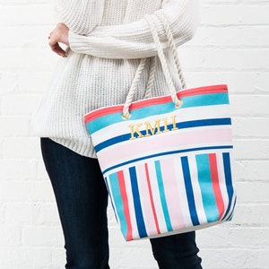 Sac fourre-tout personnalisé - Rayures colorées - Sac shopping réutilisable - Cabas de plage - Cabas de plage en toile - Sac de plage - Cadeau pour la fête des Mères