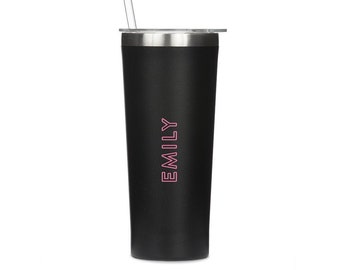 Personalized Stainless Steel Drink Tumbler With Straw - Customized Travel Tumbler - Black Tumbler - Neon Lights Design - Custom Name Gift