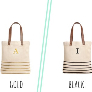 Sac fourre-tout imprimé rayé - sac réutilisable brodé initiale - sac cadeau réutilisable - sac de plage - anses en simili cuir - sac de pique-nique - cadeau BFF