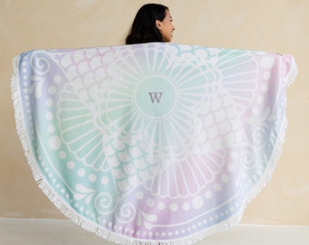 Personalized Beach Towel - Extra Large Circular Towel - Mermaid Beach Towel - Mandala Print Towel - Pastel Beach Towel - Personalized Gift