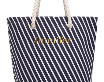 Customized Tote Bag - Rope Handle Tote - Navy Striped Beach Bag - Personalized Gift - Bridesmaid Gift - Bridal Party - Beach Wedding