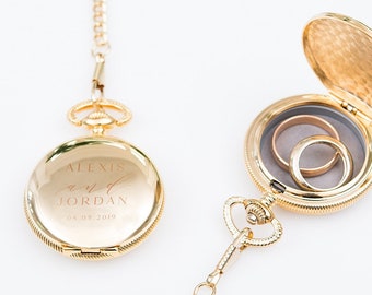 Custom Pocket Watch Style Ring Box - Couples Names Design - Personalized Ring Box - Unique Wedding Ceremony - Ring Bearer - Vintage Wedding