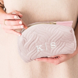 Bridesmaid Gift - Personalized Quilted Velvet Cosmetics Bag - Light Pink - Bridal Party - Maid of Honor - Mother of the Bride - Makeup Bag