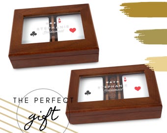 Engraved Wood Playing Card Box with Glass Lid – Personalized Card Game Keepsake Box - Teacher Gift - Father's Day Gift - Housewarming Gift