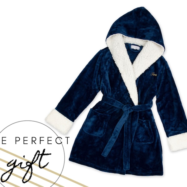 Personalized Ladies Sherpa Lined Robe - Navy Blue Robe - Christmas Robe - Winter Bathrobe - Gifts for Her - Christmas Eve - Gifts for Mom