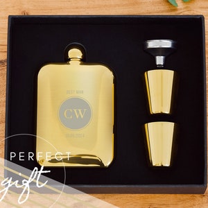 Gold Stainless Steel Monogram Flask - 6 oz. Gold Flask - Personalized Flask - Gender Neutral Gift - Gold Flask - Custom Flask Gift Set