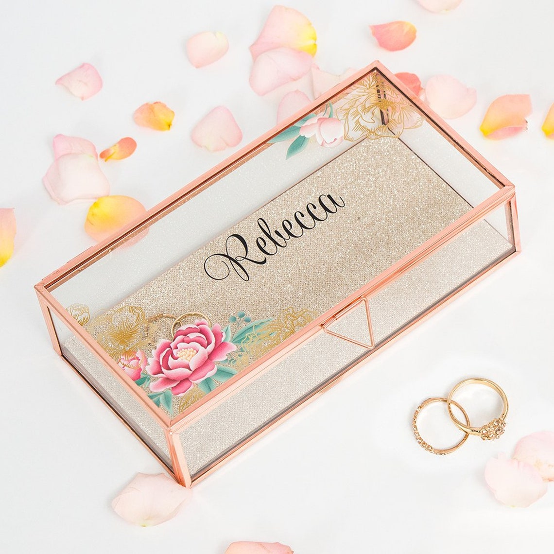 Personalized Glass Jewelry Box Floral Design Rose Gold Etsy