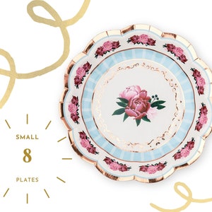 8 Piece Blue and Gold Rose Small Disposable Party Plates - Blue Floral Paper Plates - Birthday - Bridal Shower - Tea Party - Garden Party