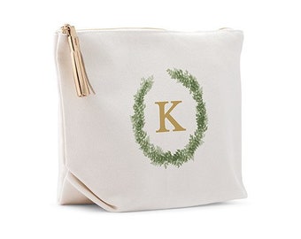Initial Wreath Custom Makeup Bag - Personalized Cosmetics Bag - Bridal Party Gift - Best Friends Gift - Stocking Stuffer - Bridesmaids Gift