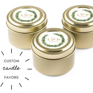 Personalized Scent Free Gold Tin Candle Favors - Bulk Favors for Guests - Custom Shower Favor - Botanical Wreath - 3oz Gold Tin Candle Gifts