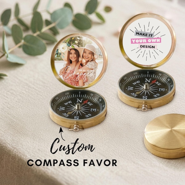 Personalized Compass Favor - Custom Photo Party Favor - Vintage Look Wedding Favor Compass - Destination Wedding Favor - Bulk Guest Favor