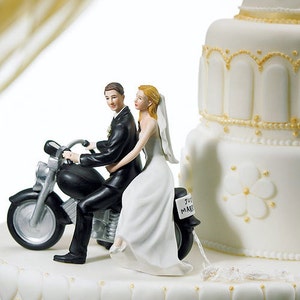 Wedding Cake Topper Personalized Motorcycle Couple Bride and Groom Wedding Cake Topper Biker Theme Wedding Motorcycle Cake Topper image 3