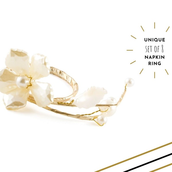 Ensemble de 8 ronds de serviette floraux en or et perles - Réglage de plaque DIY - Mariage DIY - Mariage en or - Fête de fiançailles - Anniversaire - Son anniversaire