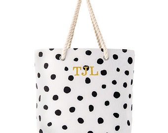 Personalized Tote Bag - Cabana Tote - Large Black and White Polka Dot Tote Bag - Personalized Gift - Valentine's Day Gift - Women's Tote