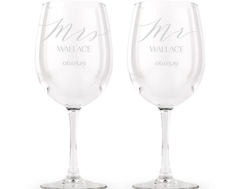 Bridal Shower Perfect Engagement Party Mr and Mrs Wine Glass Set Bachelorette Party or Wedding Gift from Bliss Paper Boutique LEAD FREE & BPA FREE 20oz Etched Stemless Wine Glasses for Couples