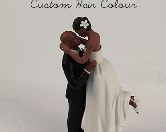 Personalized Unique Wedding Cake Toppers - True Romance Interlocking Bride and Groom - Dark Skin Tone Bald Groom and Dark Skin Tone Bride