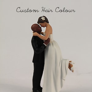 Unique Bride and Groom Wedding Cake Topper - Dark Skin Tone Bald Groom and Hispanic Bride - Personalized Wedding Cake Toppers - Bald Groom