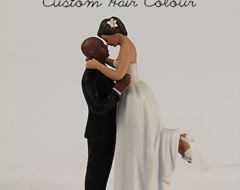Unique Bride and Groom Wedding Cake Topper - Dark Skin Tone Bald Groom and Hispanic Bride - Personalized Wedding Cake Toppers - Bald Groom