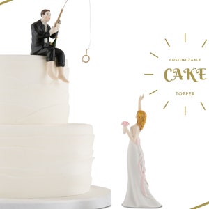 Topo de bolo de casamento personalizado - Noivo pescador - Noiva viciada - Viciada em amor - Topo de bolo de casamento de porcelana - Topo de bolo de casamento de pesca