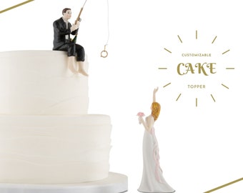 Custom Wedding Cake Topper - Fishing Groom - Hooked Bride - Hooked On Love - Porcelain Wedding Cake Topper - Fishing Wedding Cake Topper