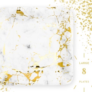 8 Piece Gold and White Disposable Party Plates - Square Paper Plates - Dinner Plates - Large Paper Plates - Birthday - Anniversary - NYE